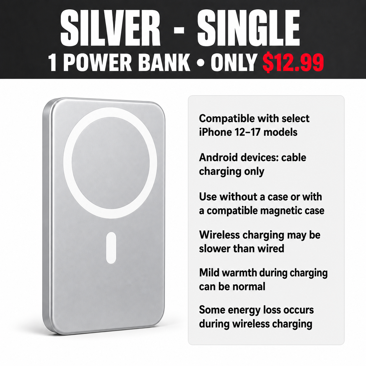 Silver Single Magnetic Wireless Power Bank - $12.99