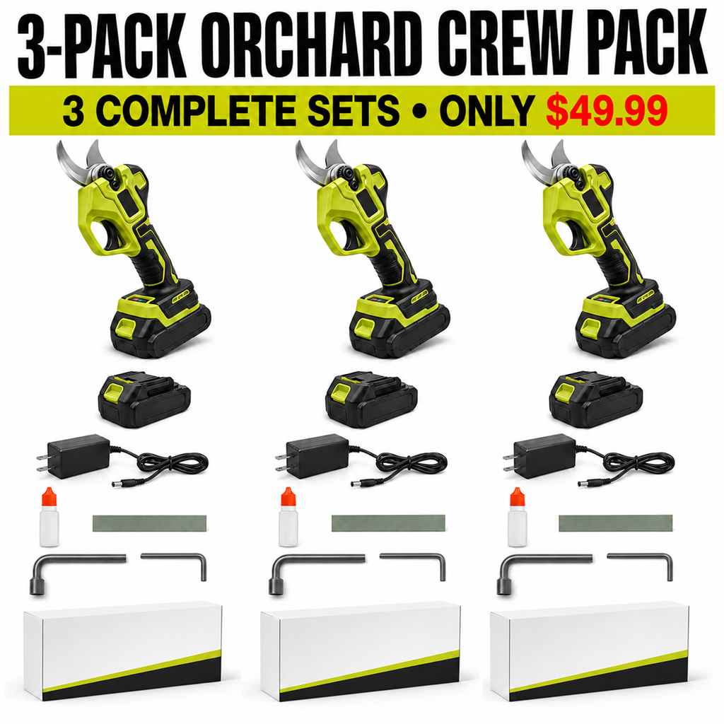 3-Pack Orchard Crew Pack - 3 Complete Dual-Battery Pruning Shear Sets - Only $49.99