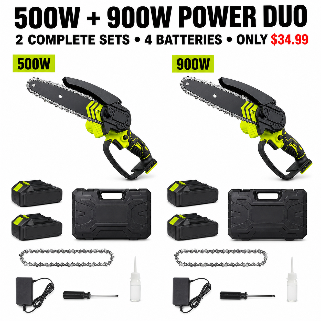 500W and 900W Power Duo - 2 Chainsaws and 4 Batteries - Only $34.99