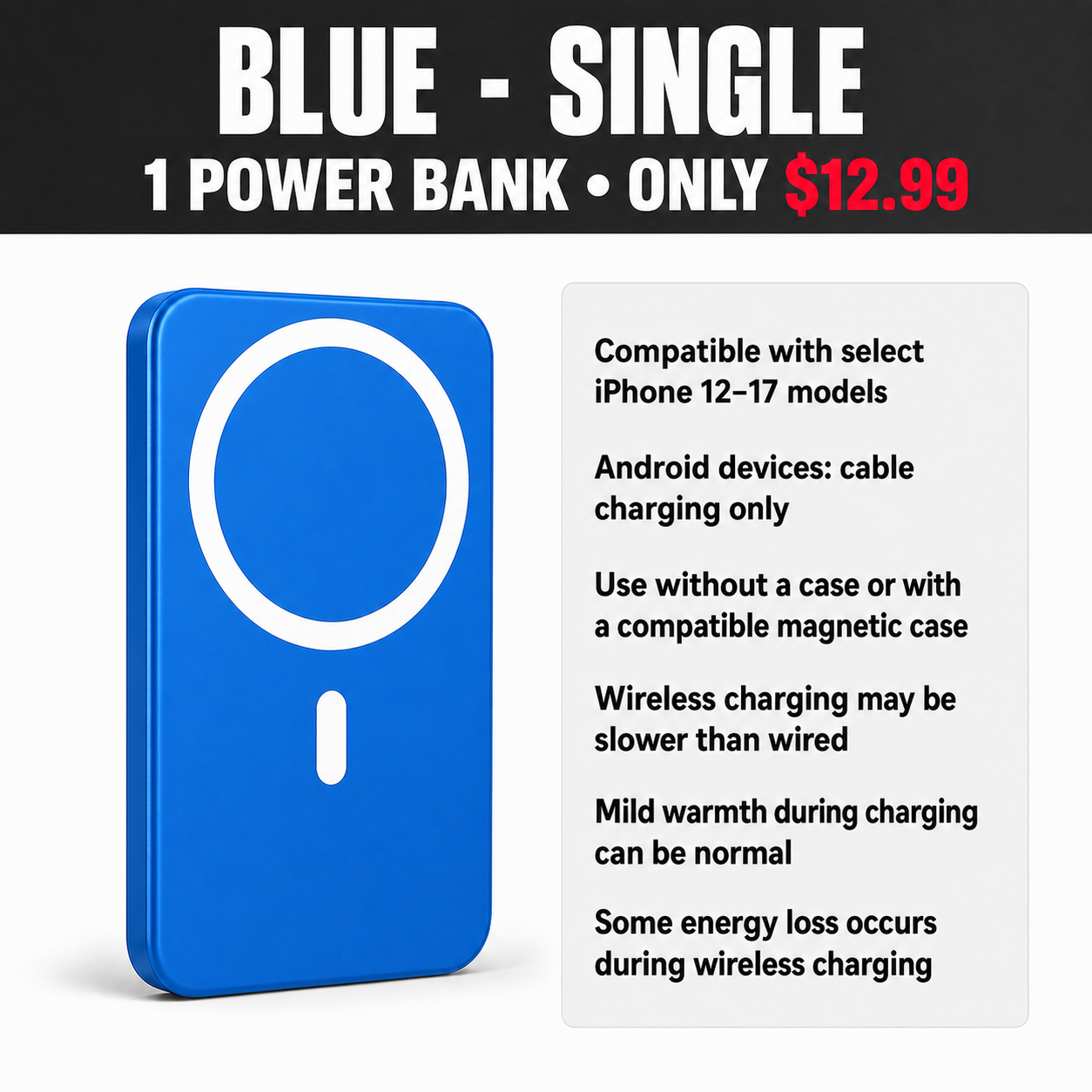 Blue Single Magnetic Wireless Power Bank - $12.99