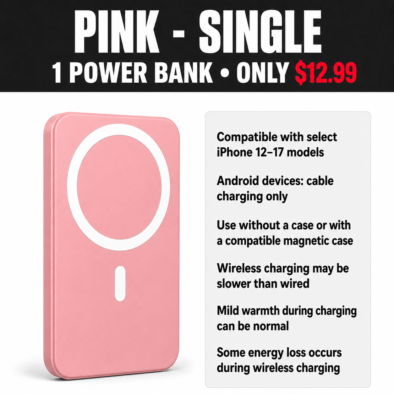 Pink Single Magnetic Wireless Power Bank - $12.99