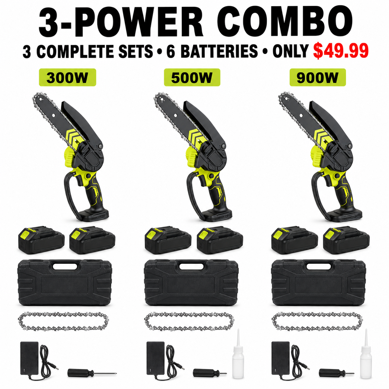 3-Power Combo - 3 Chainsaws and 6 Batteries - Only $49.99