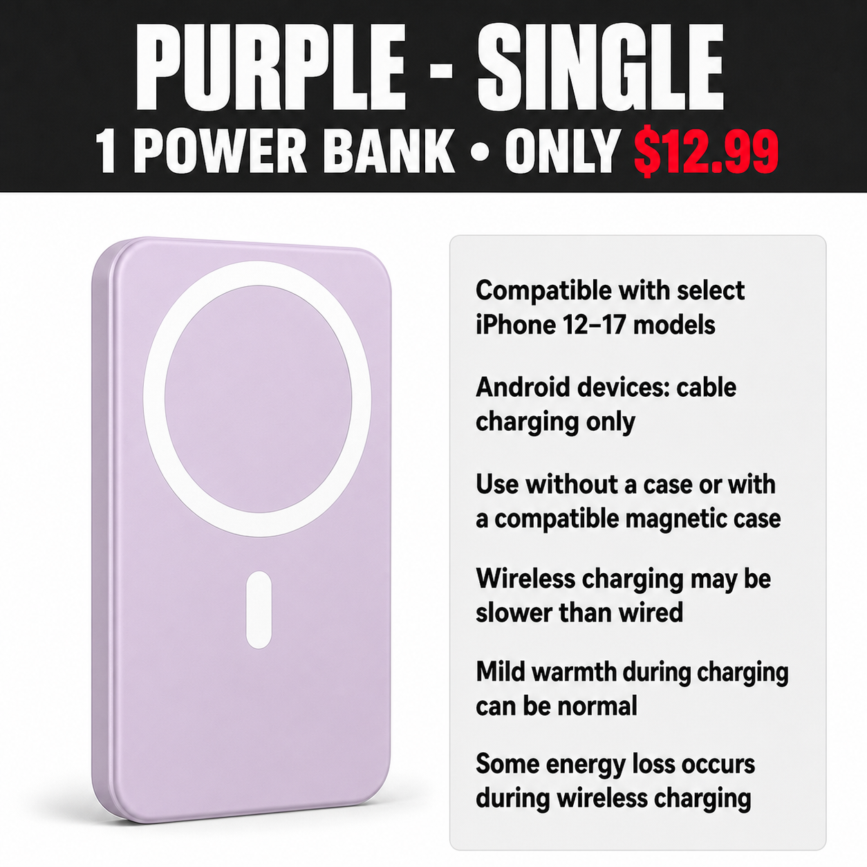 Purple Single Magnetic Wireless Power Bank - $12.99