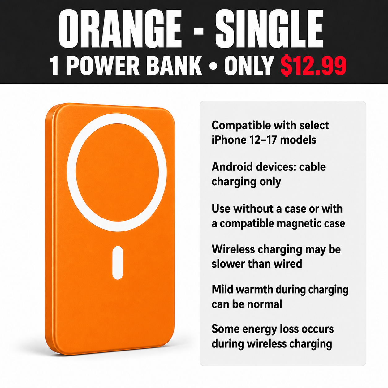 Orange Single Magnetic Wireless Power Bank - $12.99
