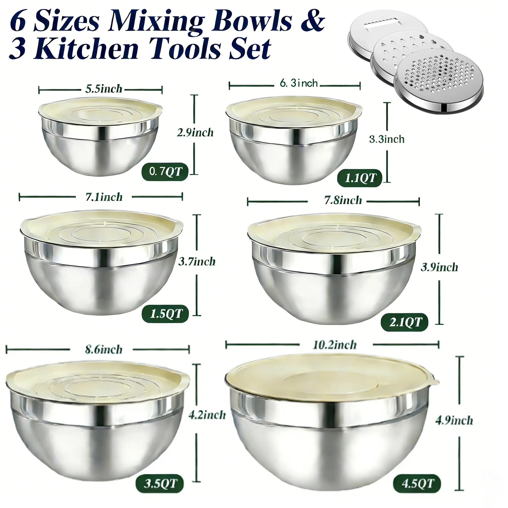 Six Stainless Steel Mixing Bowls with Size Dimensions