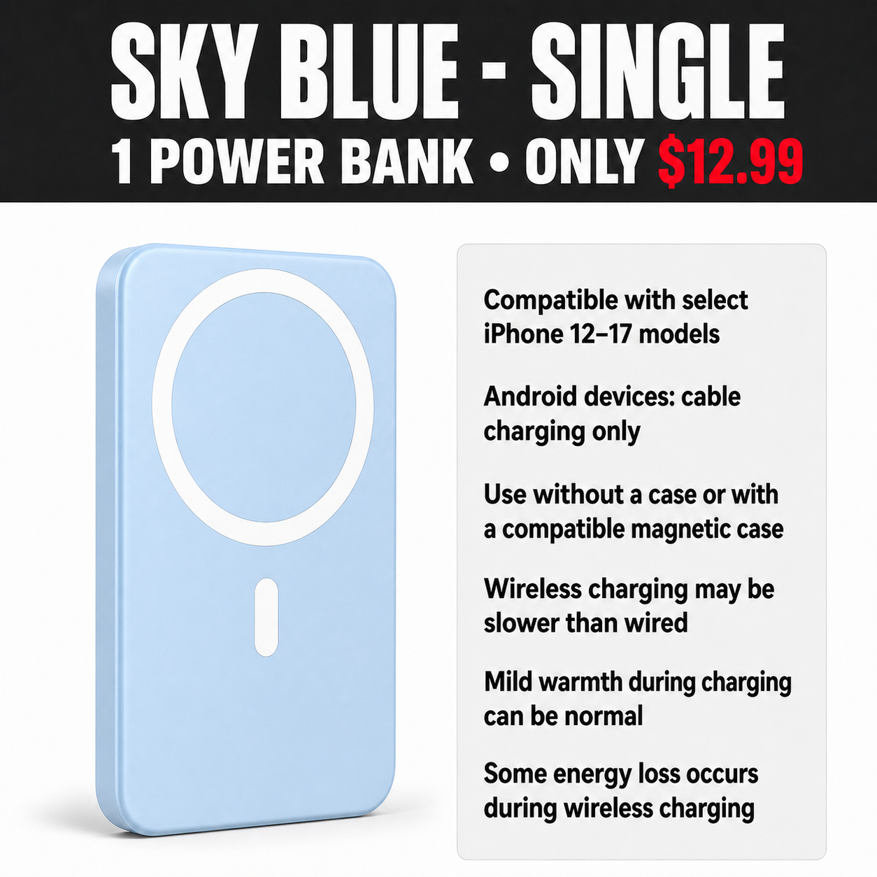 Sky Blue Single Magnetic Wireless Power Bank - $12.99