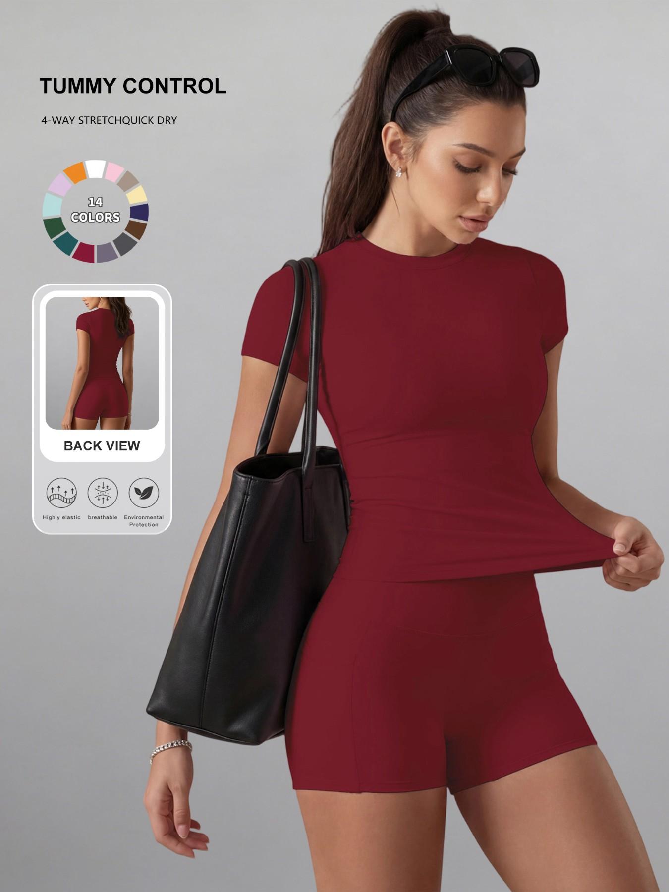 Women's Plain Color Set, Basic Versatile T-Shirt Top, Fashion Multi-Purpose High Waist Sporty Shorts, Yoga Fitness, Date Night Wear, Soft Breathable Sportswear