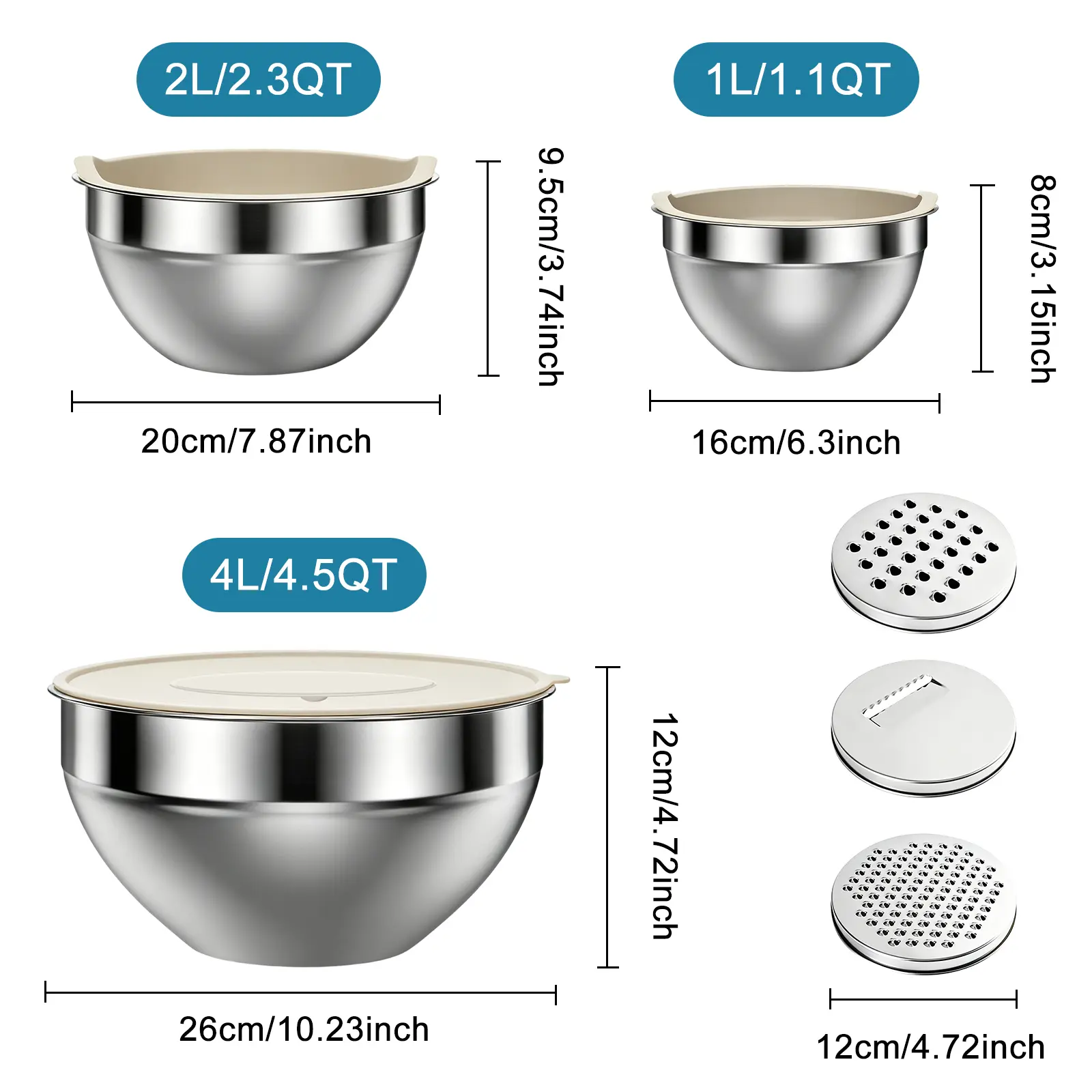 Three-Piece Stainless Steel Mixing Bowl Set with Dimensions