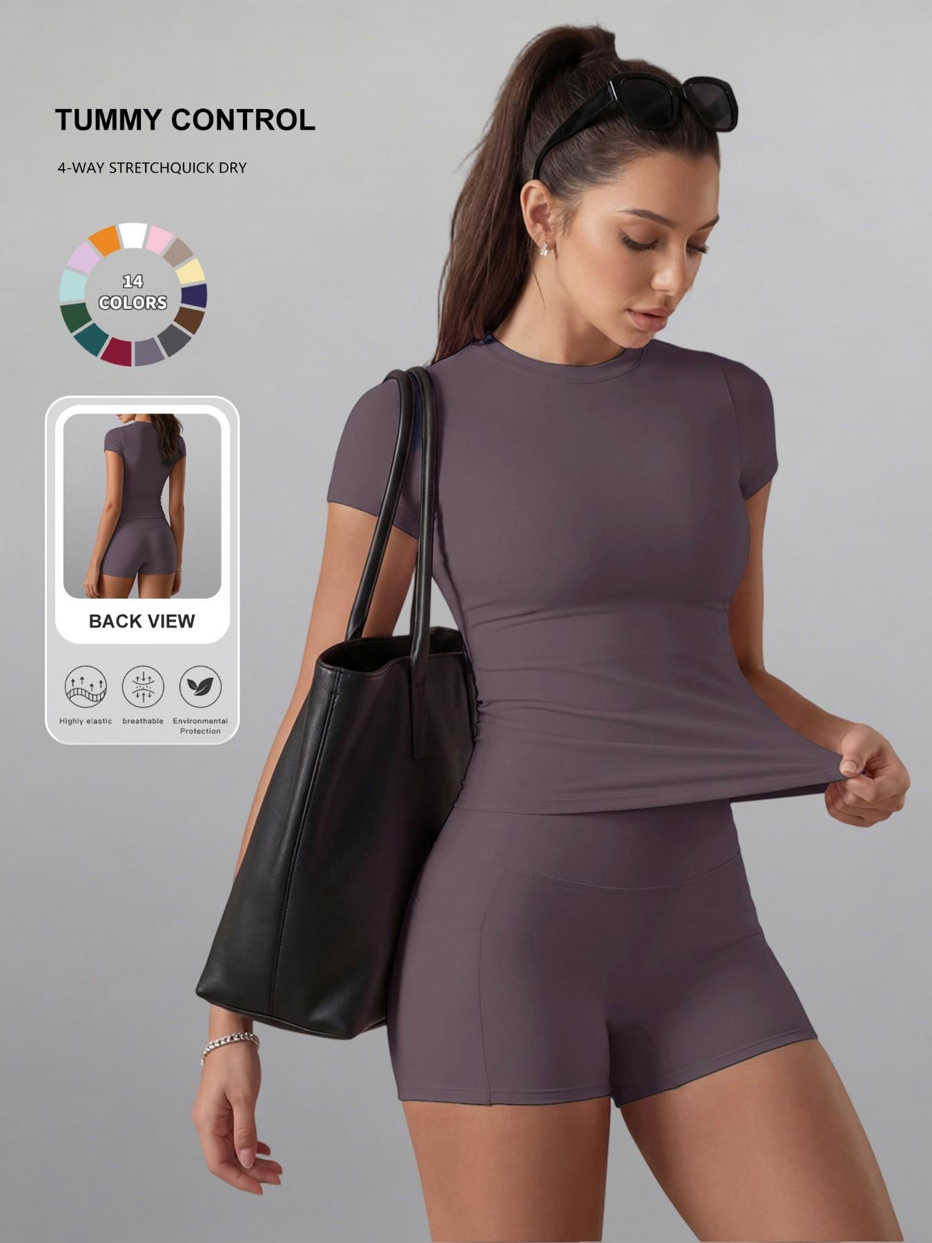 Women's Plain Color Set, Basic Versatile T-Shirt Top, Fashion Multi-Purpose High Waist Sporty Shorts, Yoga Fitness, Date Night Wear, Soft Breathable Sportswear