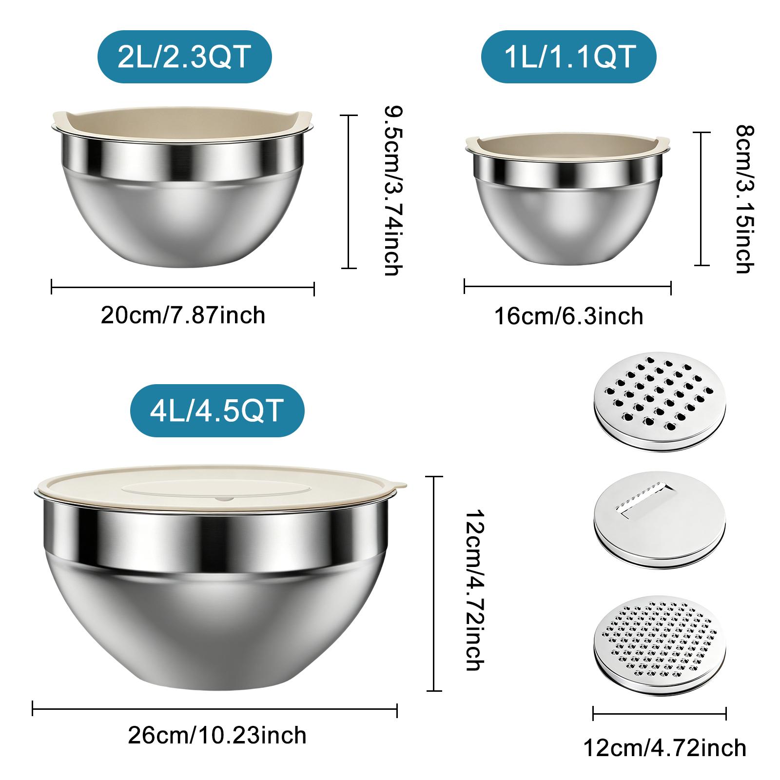 Three-Piece Stainless Steel Mixing Bowl Set with Lids and Grater Inserts