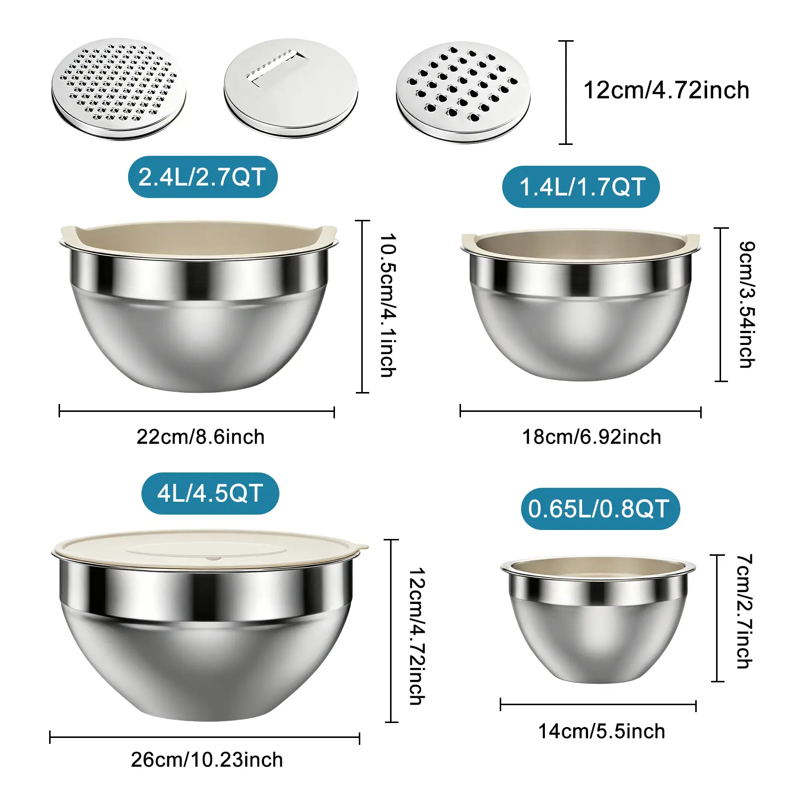 Four-Piece Stainless Steel Mixing Bowl Set with Dimensions