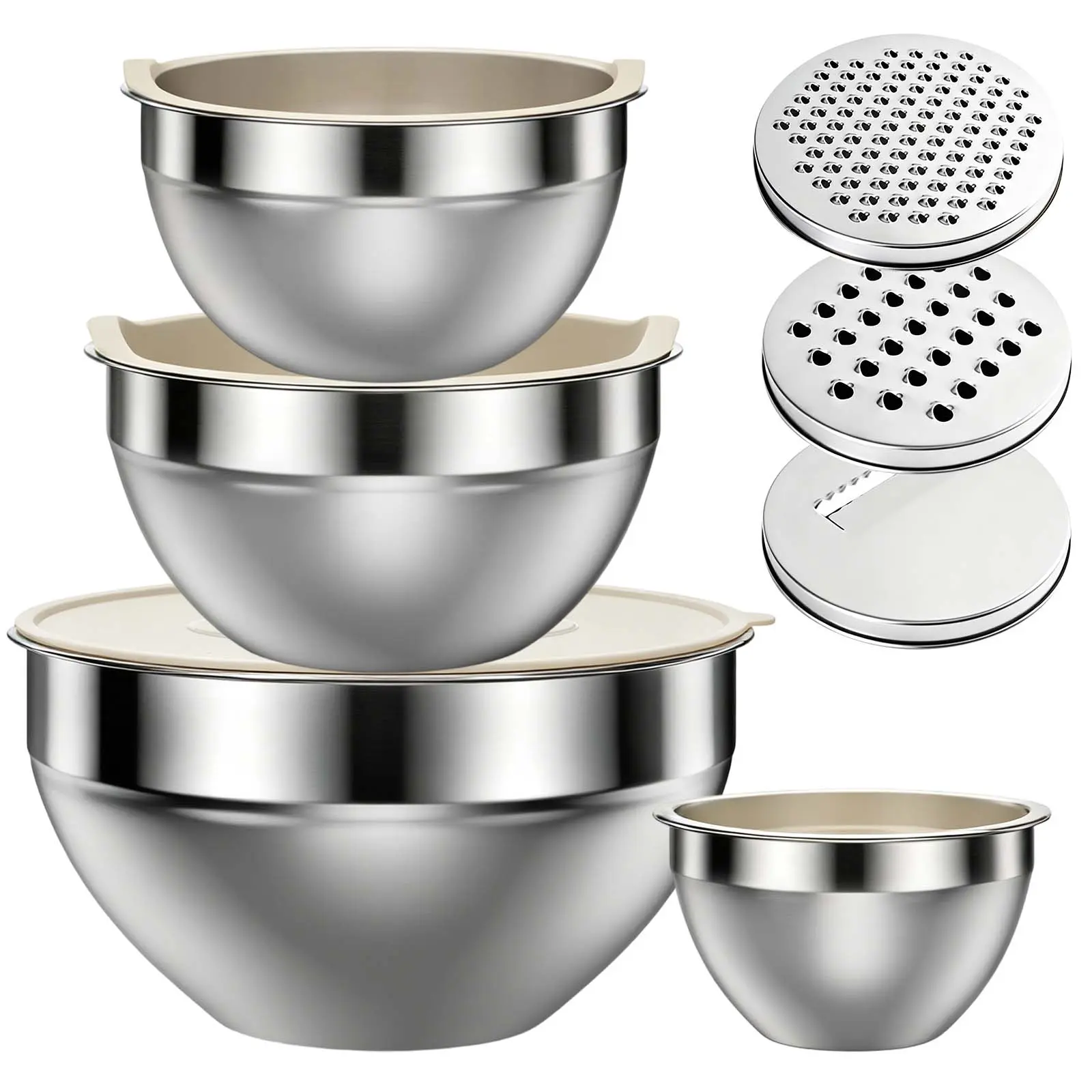 Four-Piece Stainless Steel Mixing Bowl Set with Lids and Grater Inserts