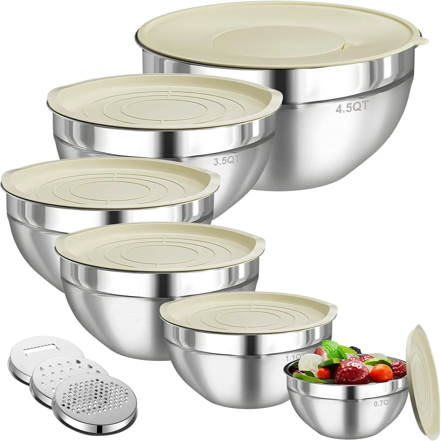 Six-Piece Stainless Steel Mixing Bowl Set with Lids and Grater Inserts