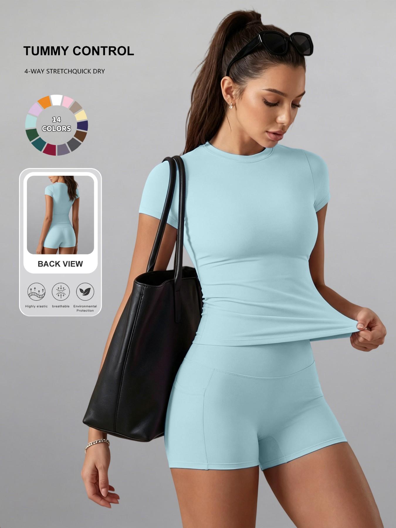 Women's Plain Color Set, Basic Versatile T-Shirt Top, Fashion Multi-Purpose High Waist Sporty Shorts, Yoga Fitness, Date Night Wear, Soft Breathable Sportswear