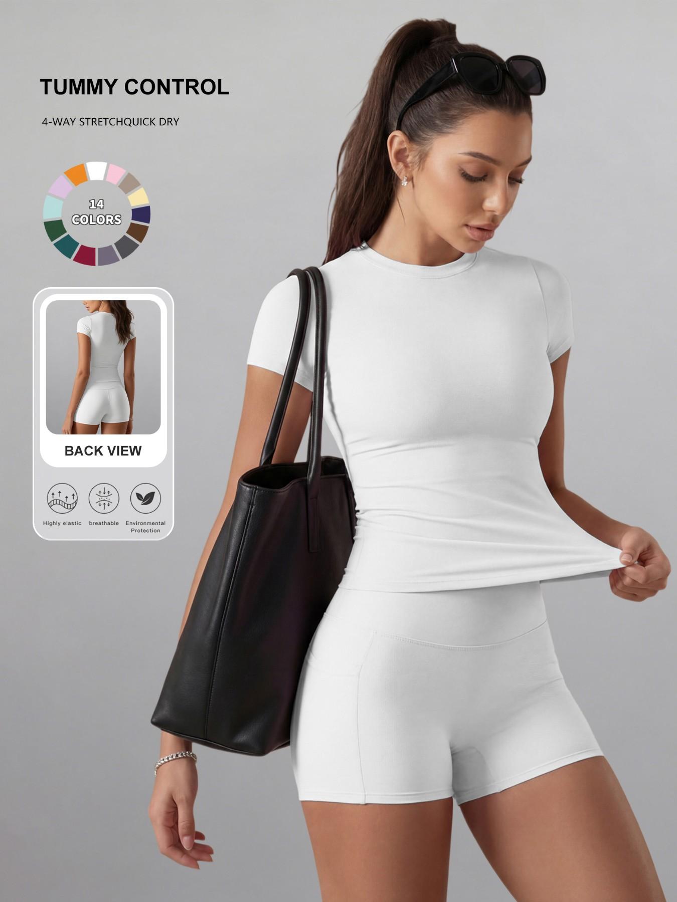 Women's Plain Color Set, Basic Versatile T-Shirt Top, Fashion Multi-Purpose High Waist Sporty Shorts, Yoga Fitness, Date Night Wear, Soft Breathable Sportswear
