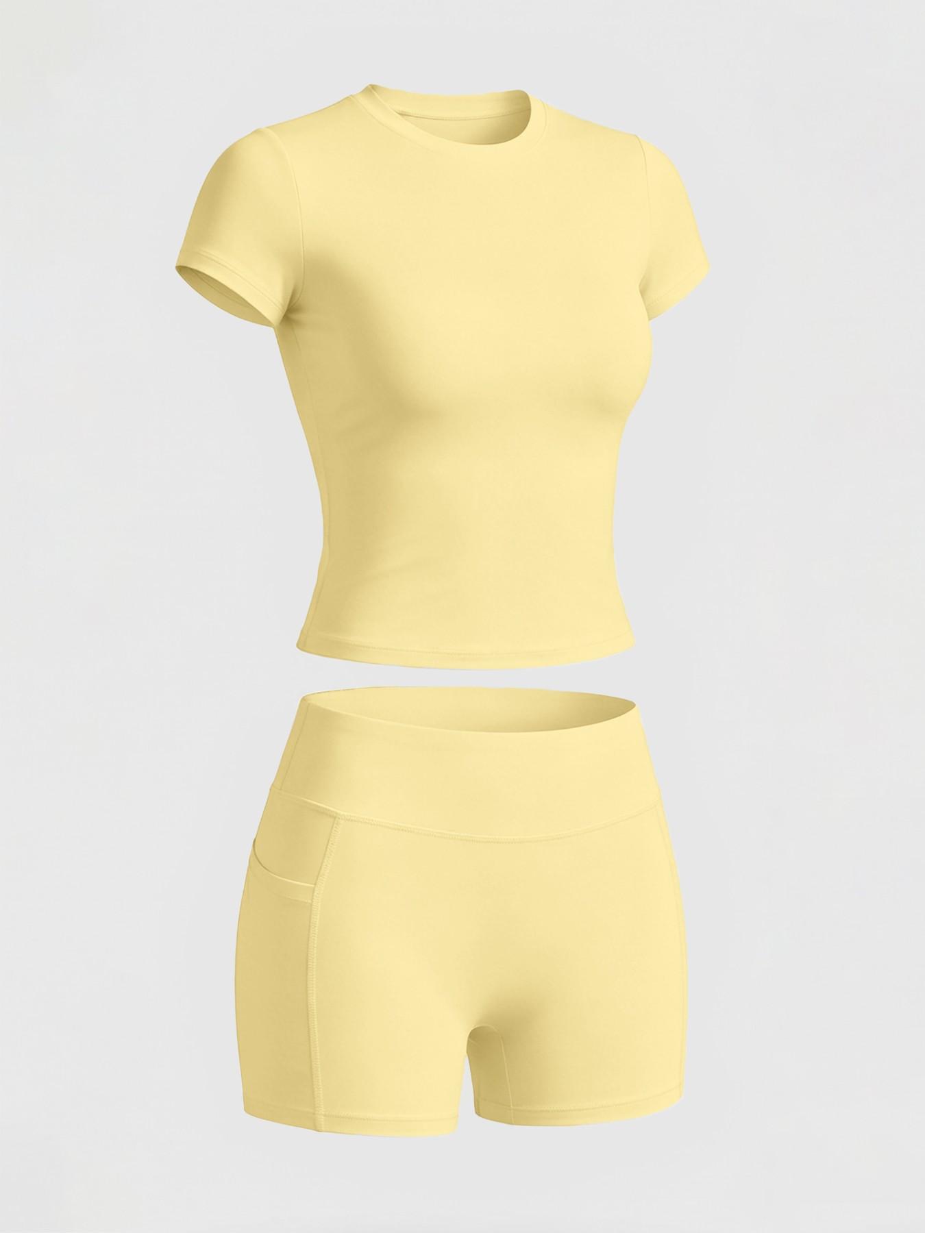 Women's Plain Color Set, Basic Versatile T-Shirt Top, Fashion Multi-Purpose High Waist Sporty Shorts, Yoga Fitness, Date Night Wear, Soft Breathable Sportswear