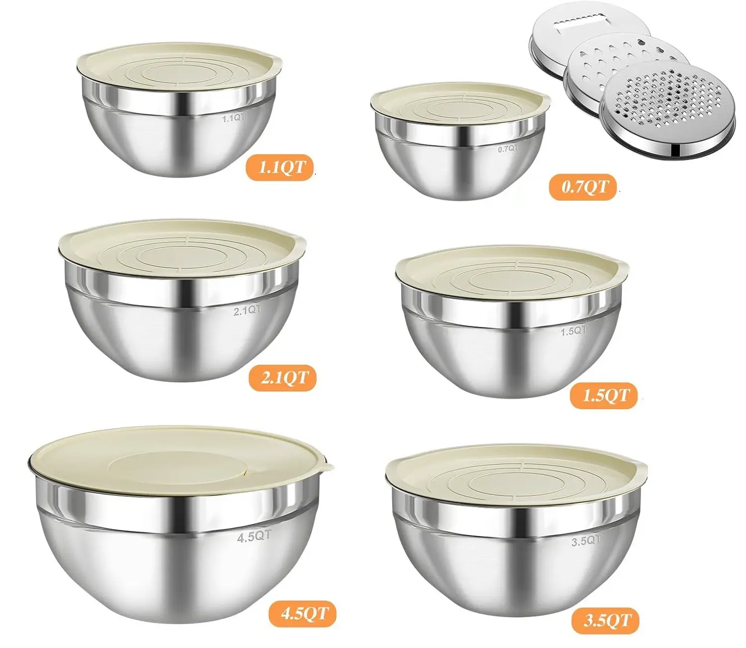 Six-Piece Stainless Steel Mixing Bowl Set with Lids and Three Grater Inserts