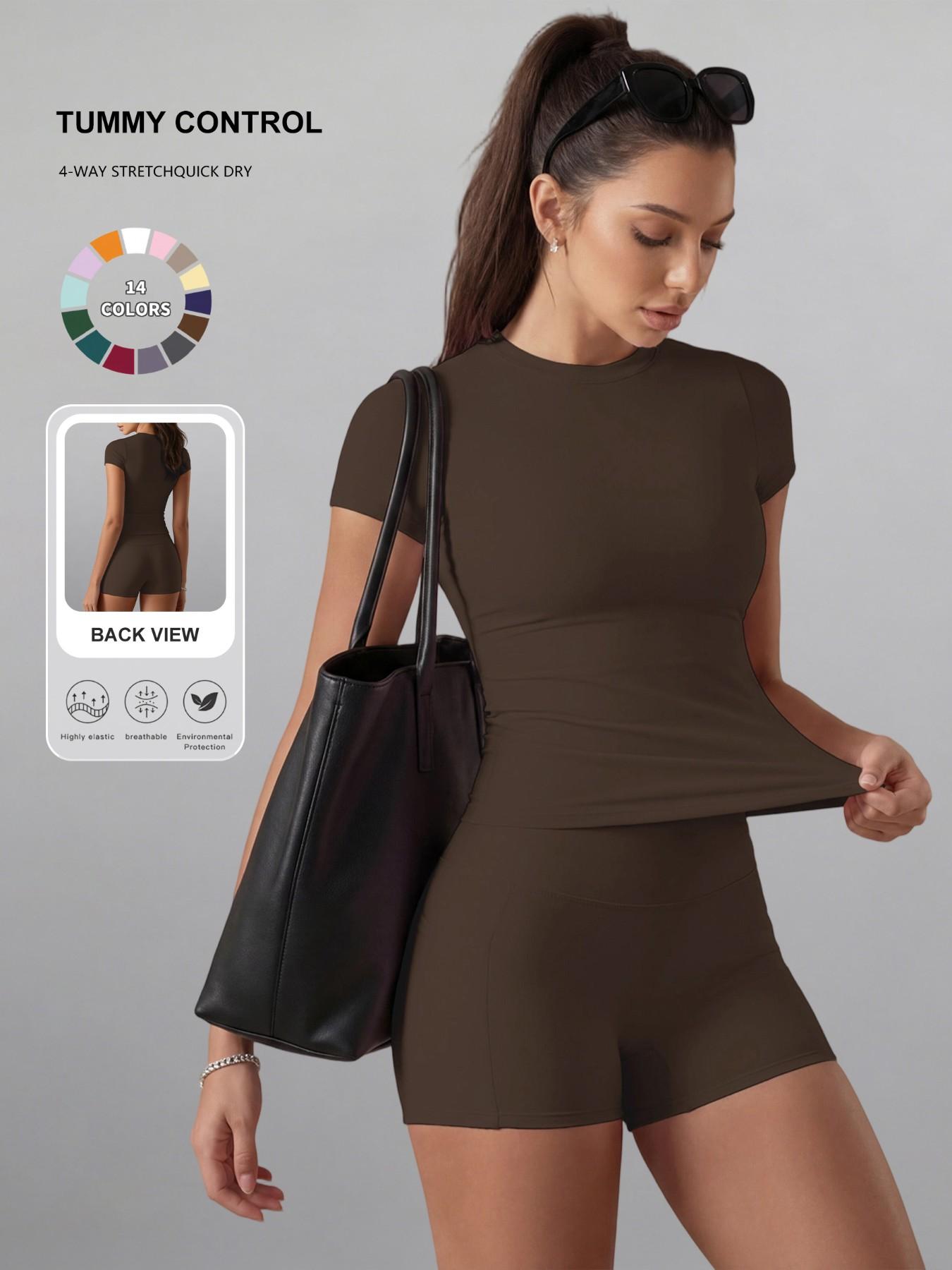 Women's Plain Color Set, Basic Versatile T-Shirt Top, Fashion Multi-Purpose High Waist Sporty Shorts, Yoga Fitness, Date Night Wear, Soft Breathable Sportswear