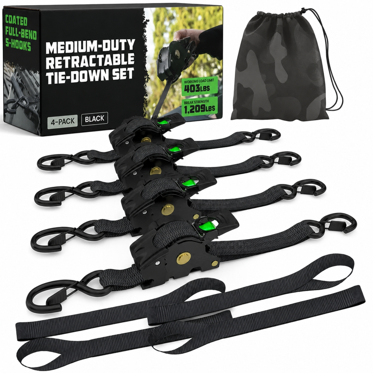 Black 4-Pack 1-Inch Retractable Ratchet Strap Set