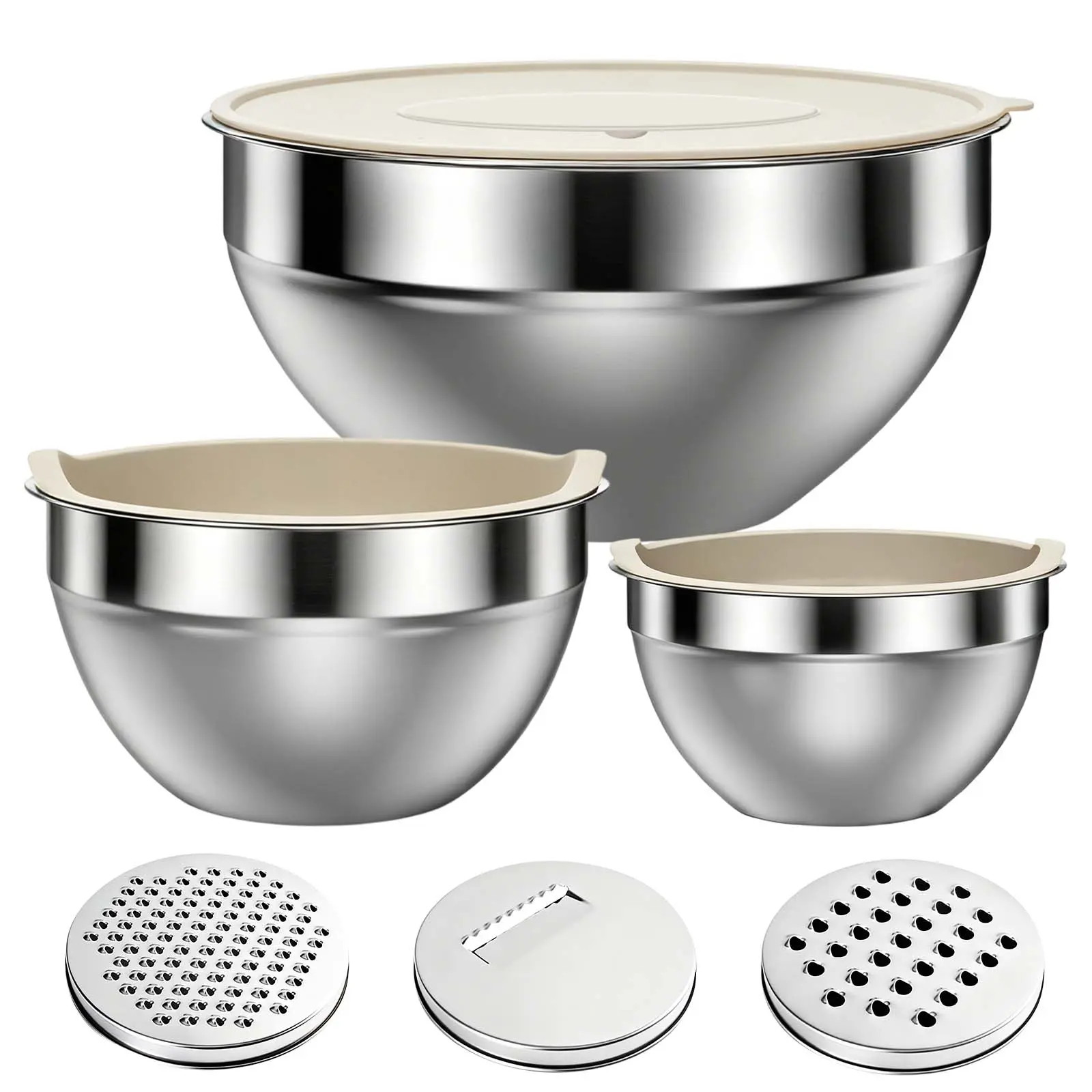 Three-Piece Stainless Steel Mixing Bowl Set with Lids and Grater Inserts