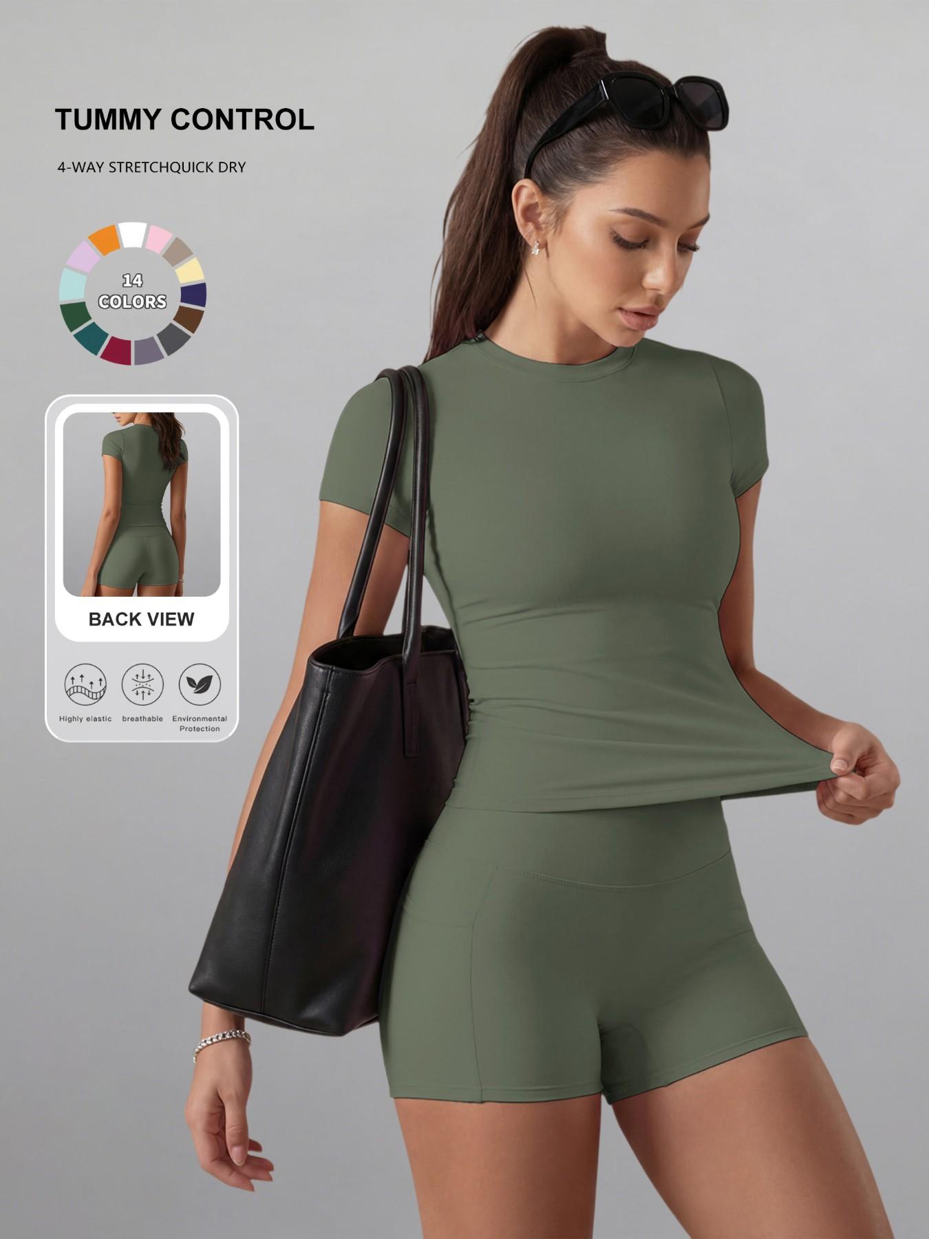 Women's Plain Color Set, Basic Versatile T-Shirt Top, Fashion Multi-Purpose High Waist Sporty Shorts, Yoga Fitness, Date Night Wear, Soft Breathable Sportswear