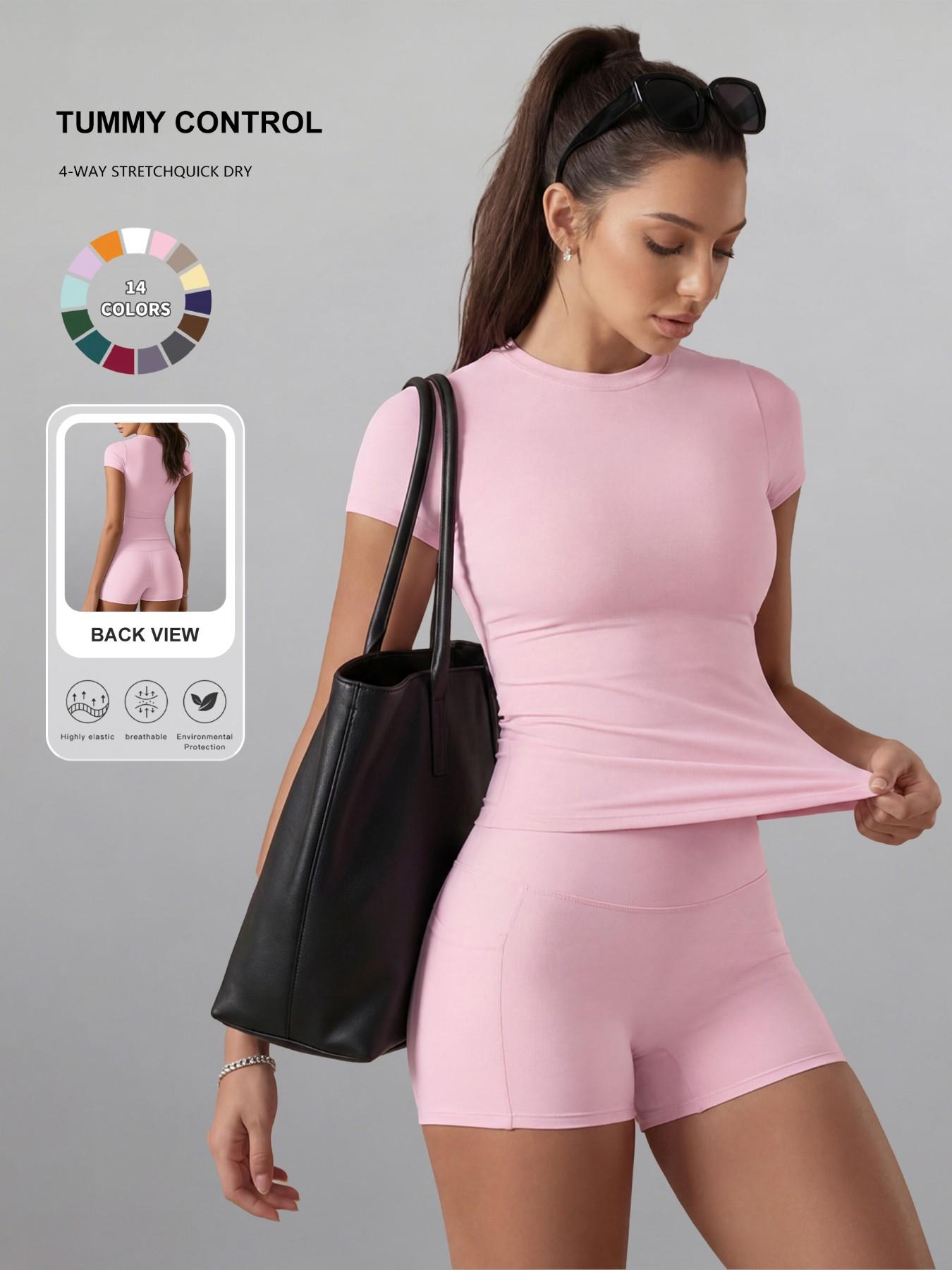 Women's Plain Color Set, Basic Versatile T-Shirt Top, Fashion Multi-Purpose High Waist Sporty Shorts, Yoga Fitness, Date Night Wear, Soft Breathable Sportswear