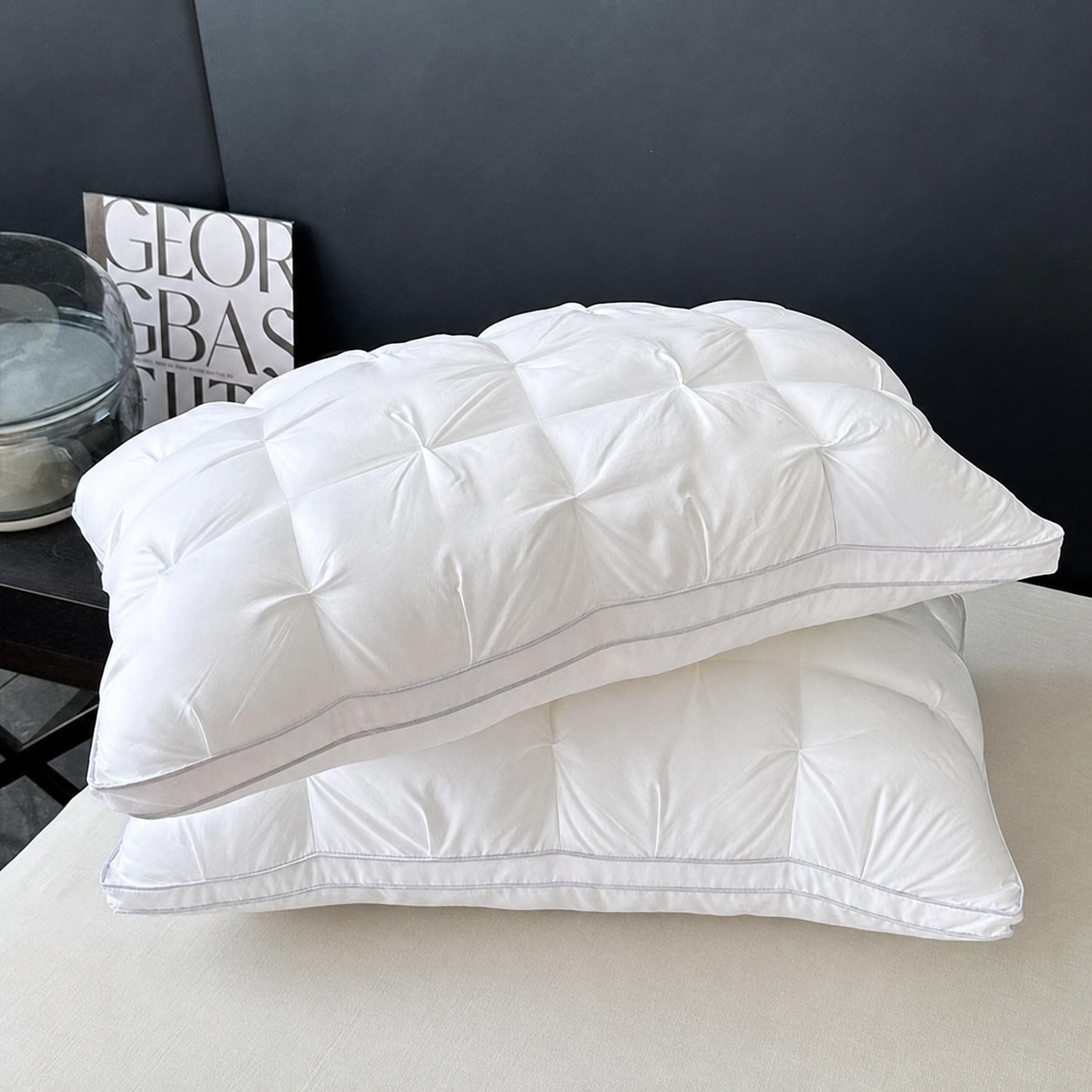 White Tufted Polyester Bed Pillow Set