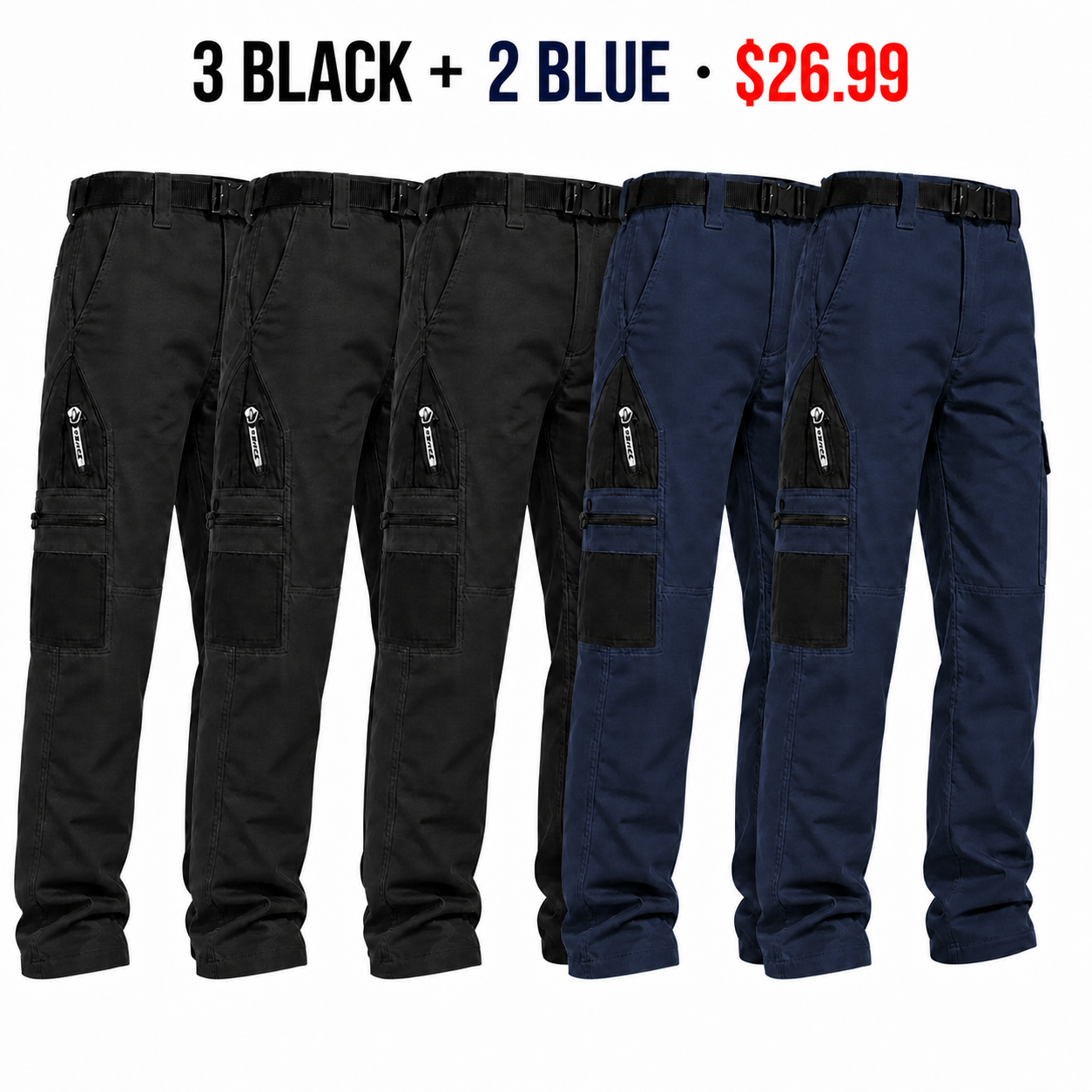 3 Black and 2 Blue tactical cargo pants - 5-Pack $26.99