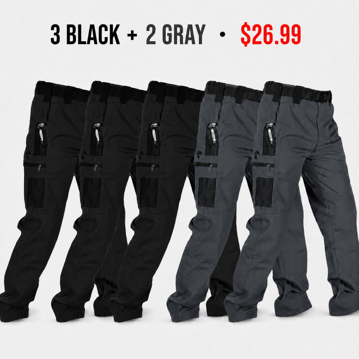 3 Black and 2 Gray tactical cargo pants - 5-Pack $26.99