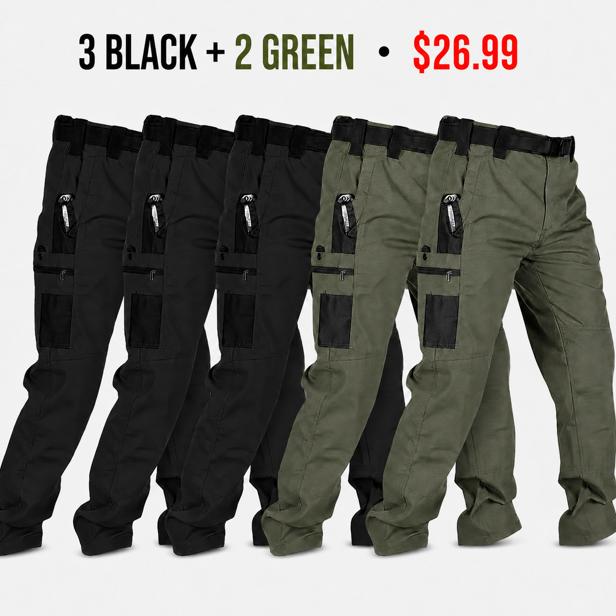 3 Black and 2 Green tactical cargo pants - 5-Pack $26.99