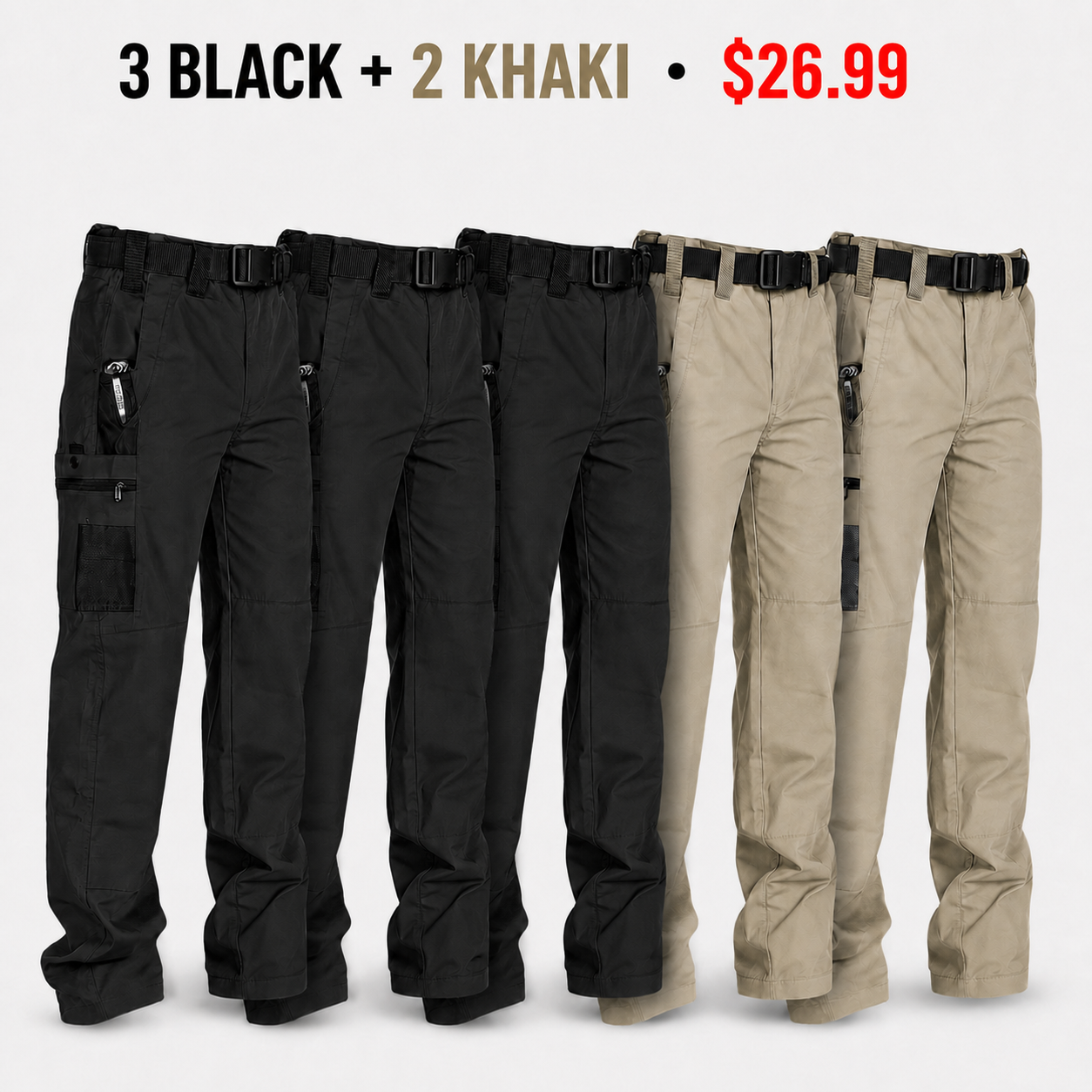3 Black and 2 Khaki tactical cargo pants - 5-Pack $26.99