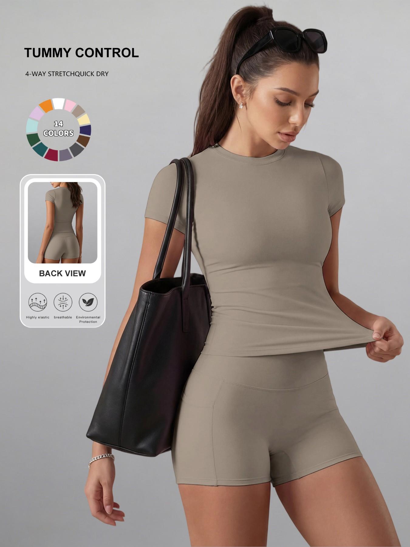 Women's Plain Color Set, Basic Versatile T-Shirt Top, Fashion Multi-Purpose High Waist Sporty Shorts, Yoga Fitness, Date Night Wear, Soft Breathable Sportswear
