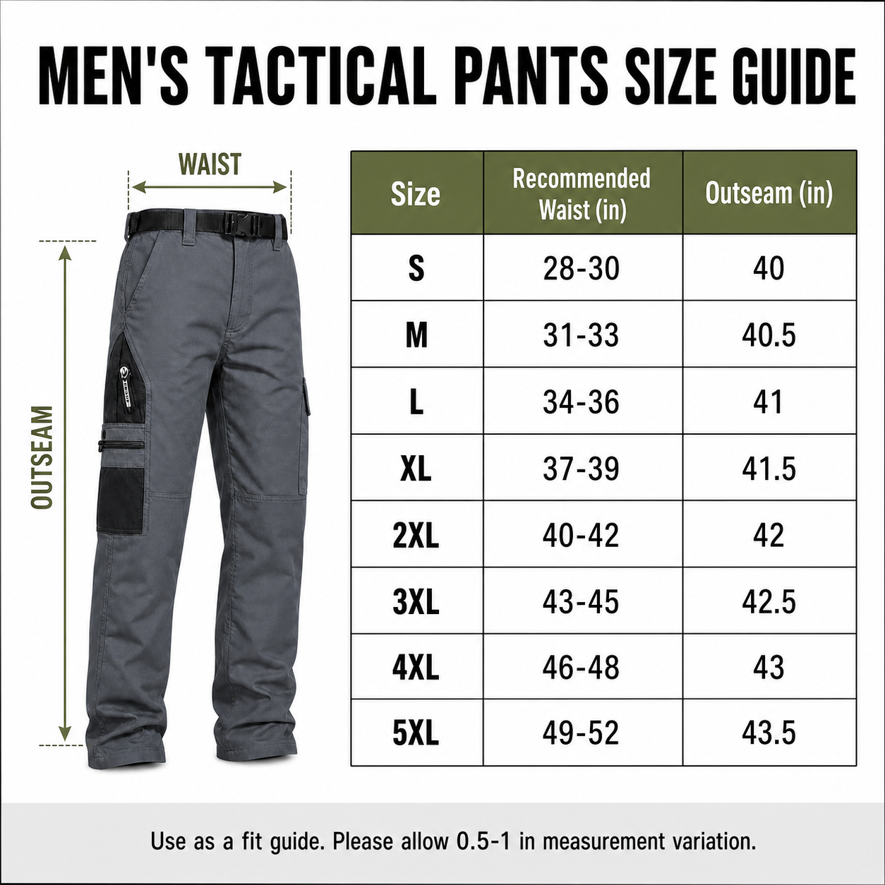 Men's tactical cargo pants size guide