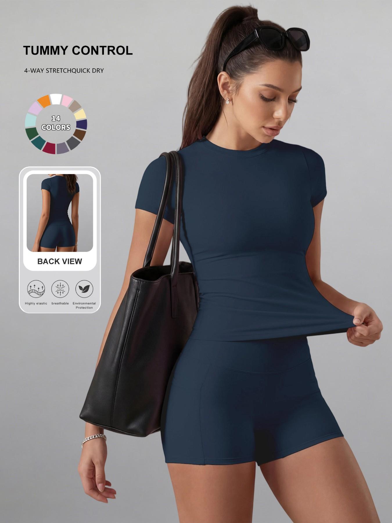 Women's Plain Color Set, Basic Versatile T-Shirt Top, Fashion Multi-Purpose High Waist Sporty Shorts, Yoga Fitness, Date Night Wear, Soft Breathable Sportswear