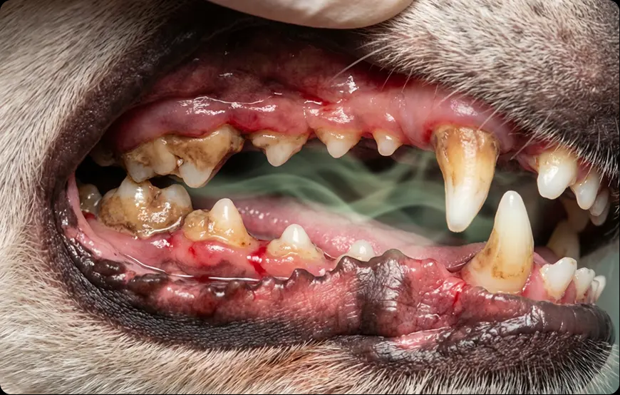 Close-up of a dog's teeth and gums