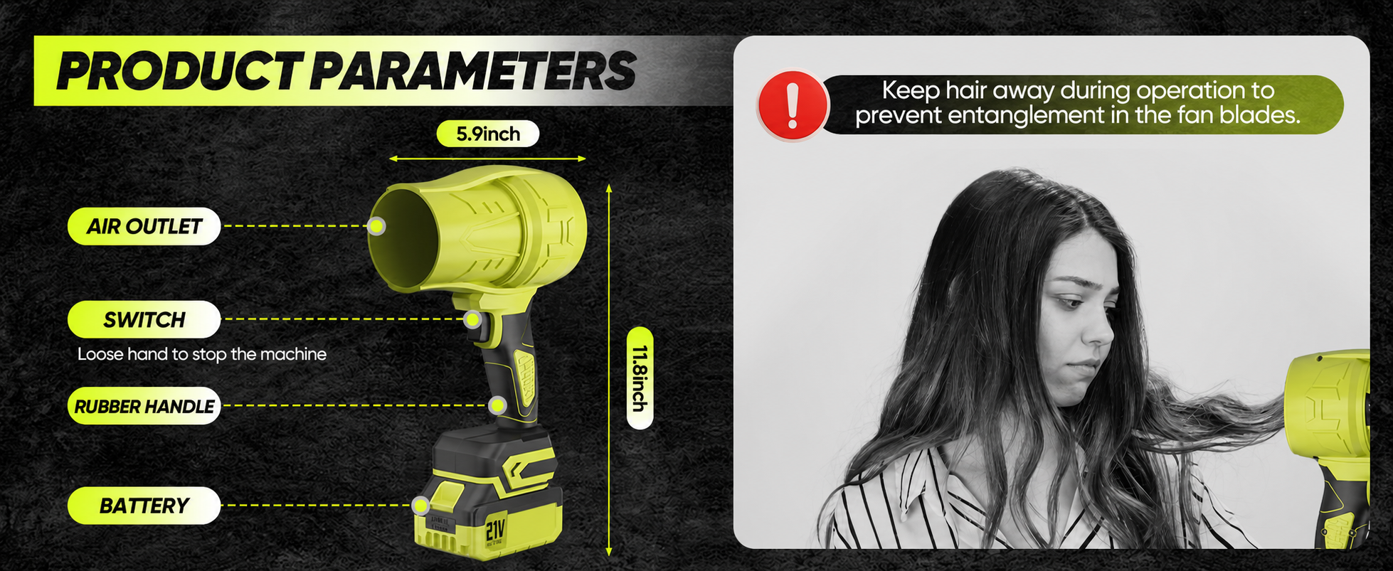 Cordless Turbo Blower Product Dimensions and Safety Warning