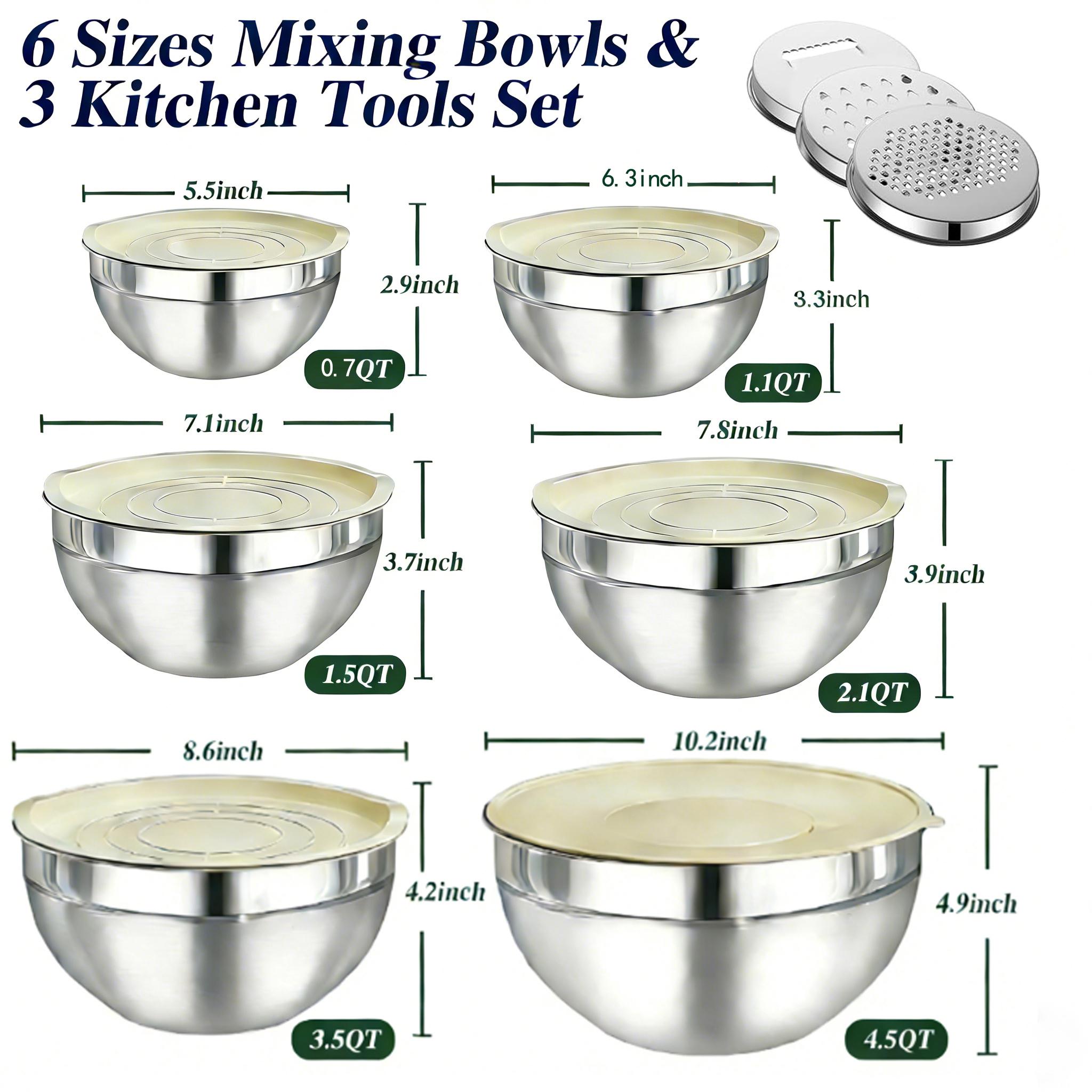 Six-Piece Stainless Steel Mixing Bowl Set with Lids and Grater Inserts