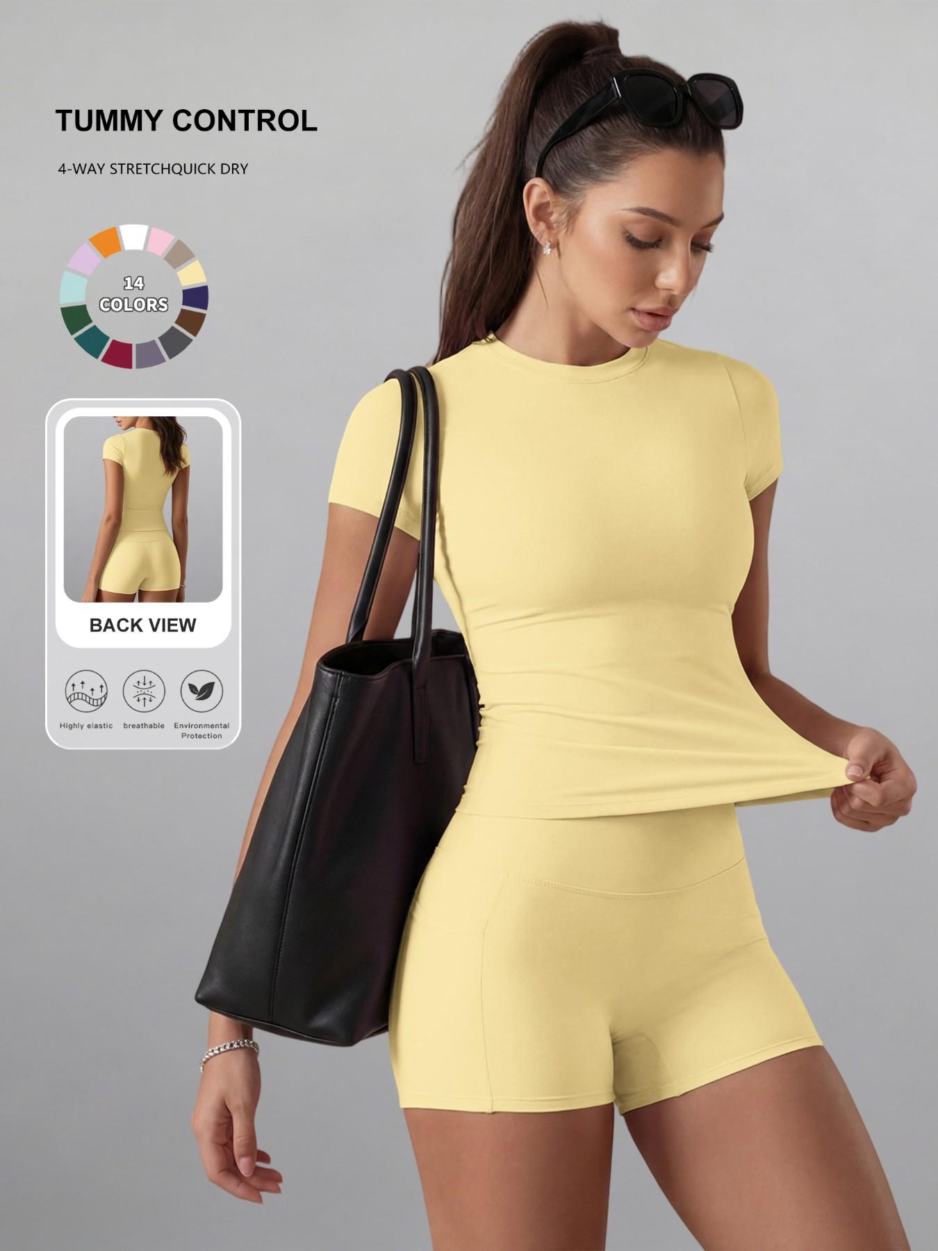 Women's Plain Color Set, Basic Versatile T-Shirt Top, Fashion Multi-Purpose High Waist Sporty Shorts, Yoga Fitness, Date Night Wear, Soft Breathable Sportswear