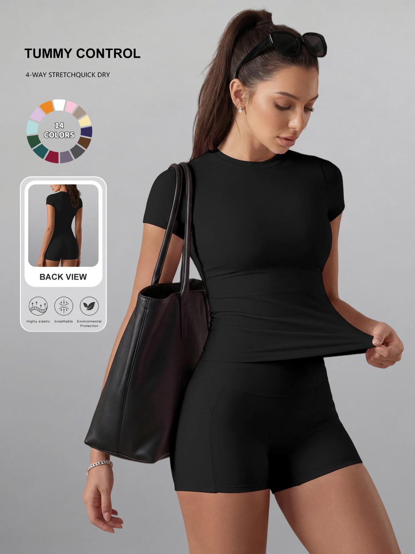 Women's Plain Color Set, Basic Versatile T-Shirt Top, Fashion Multi-Purpose High Waist Sporty Shorts, Yoga Fitness, Date Night Wear, Soft Breathable Sportswear