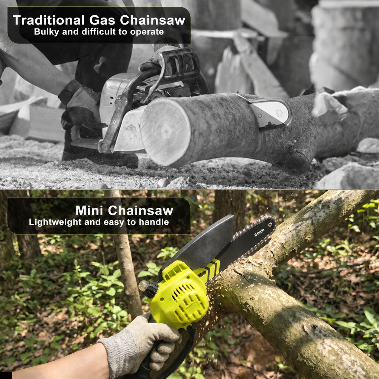 Cordless Mini Chainsaw Compared with a Gas Chainsaw