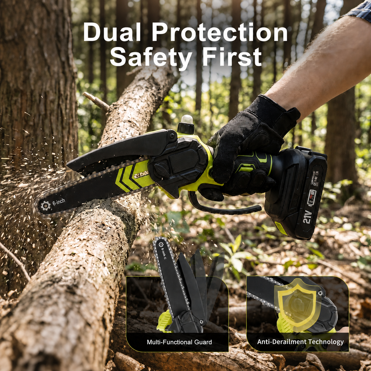Cordless Mini Chainsaw Safety Guard and Dual-Button Operation