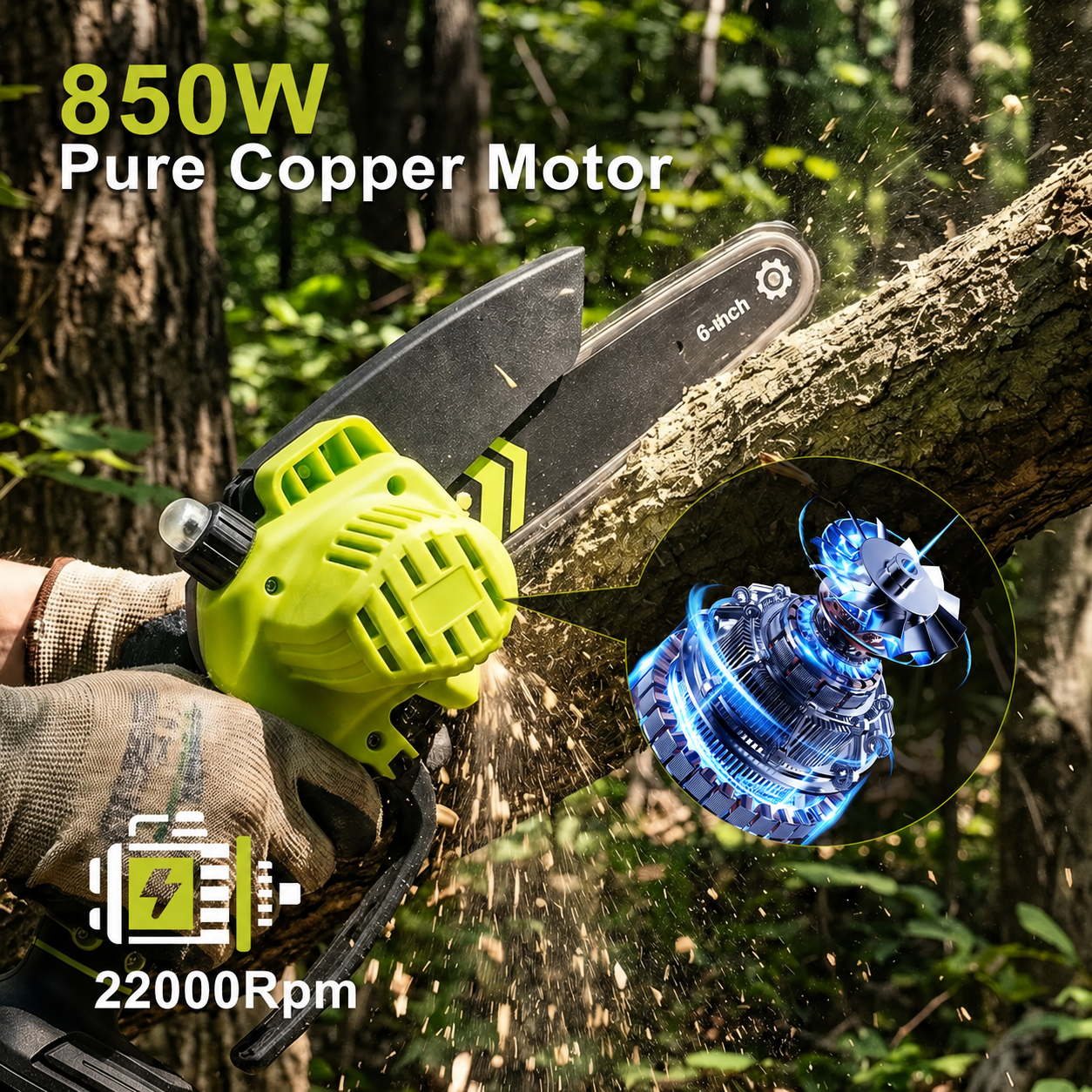 Cordless Mini Chainsaw Motor and Cooling Vent Features