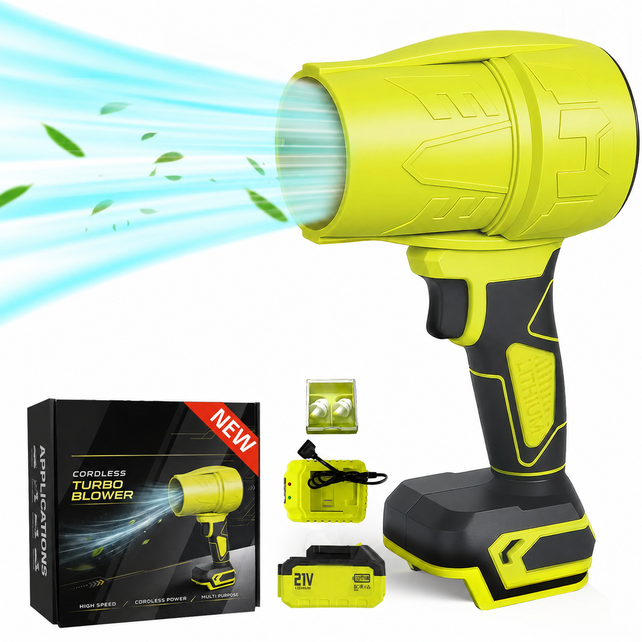 Portable Cordless Turbo Blower Complete Set with Battery, Charger and Earplugs