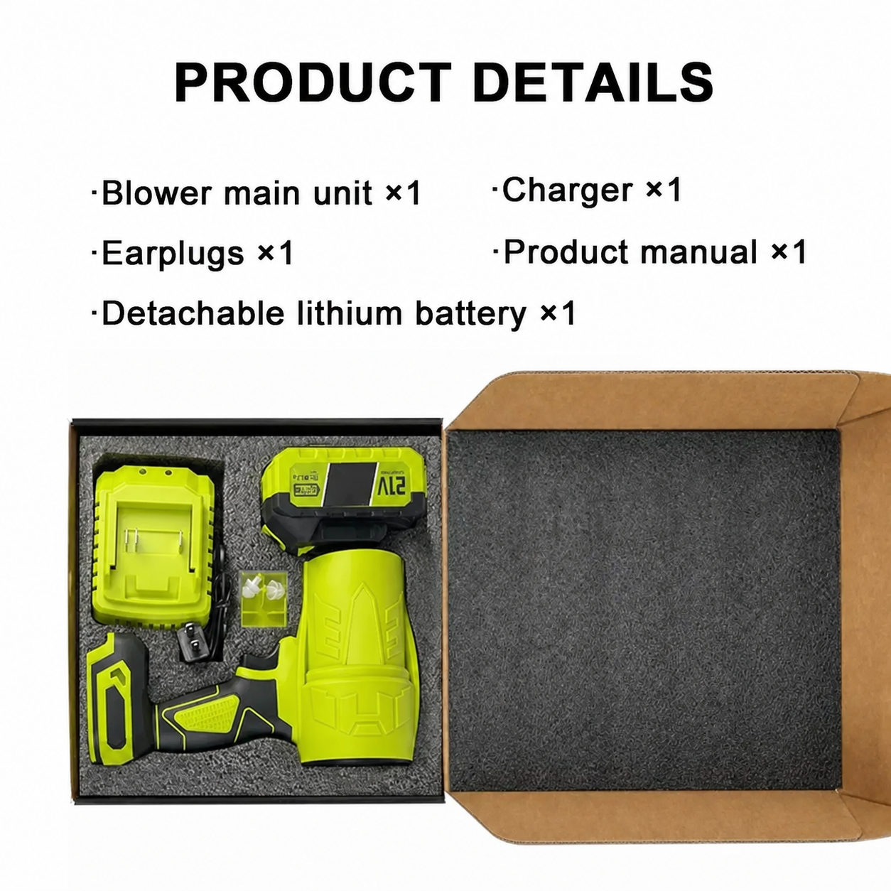 Cordless Turbo Blower Package Contents with Battery, Charger, Earplugs and Manual