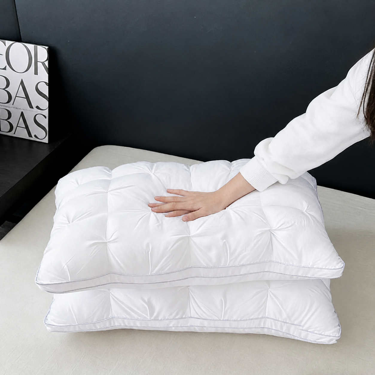 White Tufted Polyester Bed Pillow Pair
