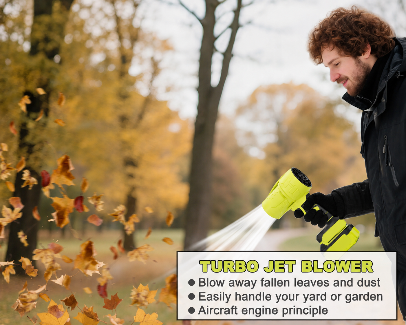 Cordless Handheld Turbo Blower Clearing Fallen Leaves