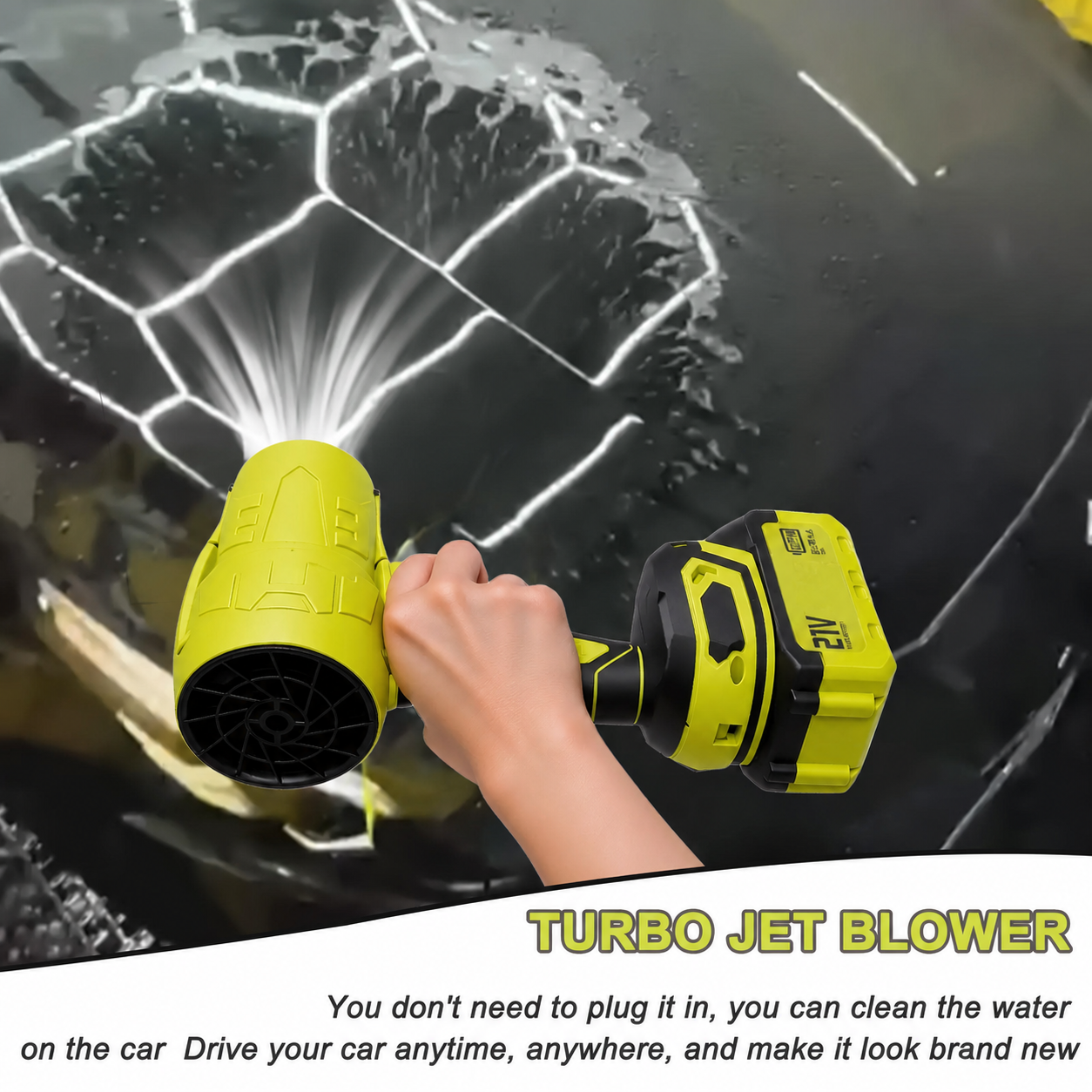 Cordless Turbo Blower Drying Water from a Car