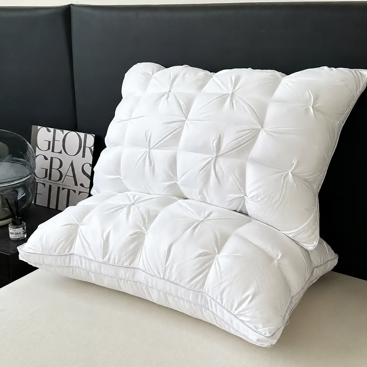 White Tufted Polyester Bed Pillows on a Bed
