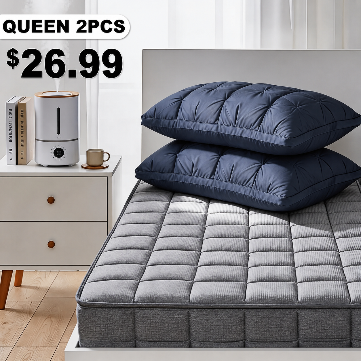 Queen 2-Pack Navy Blue Tufted Polyester Bed Pillow Set