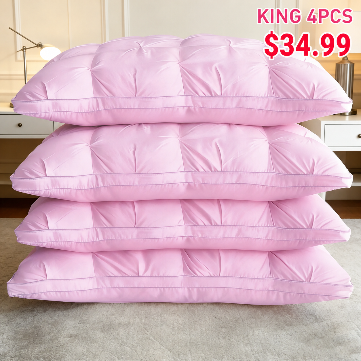King 4-Pack Pink Tufted Polyester Bed Pillow Set
